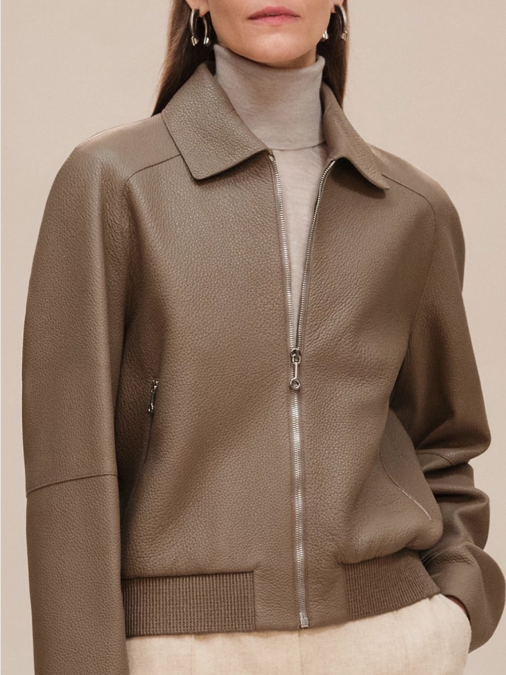 Hermes Olive Taupe Pebbled Leather Zip Jacket